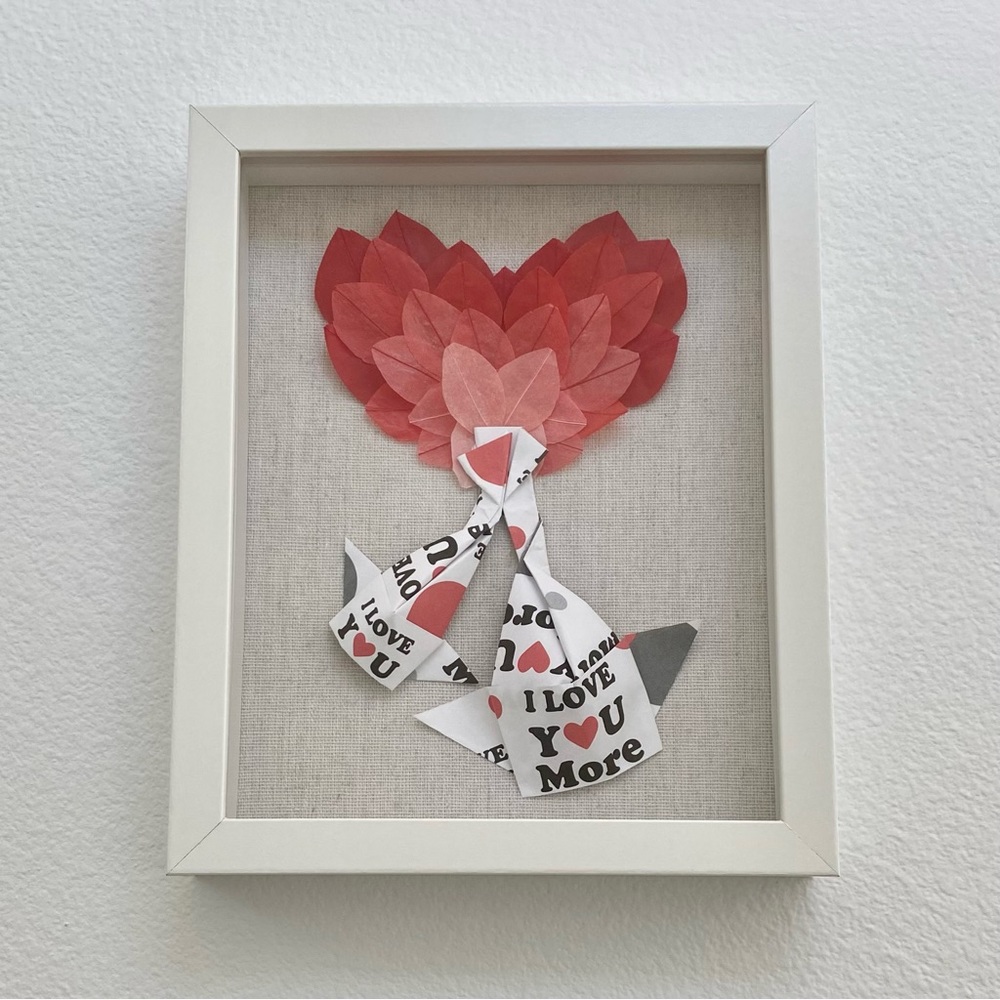 NEW Handmade Origami Koi Fish Love Ombré Heart Wooden Linen Shadow Box 9x11 inch